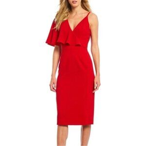 Dress the Population Beth Ruffle Sleeve Dress Rouge Red Midi Size Small New